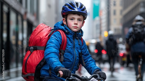 A spirited child, joyfully riding his e-scooter to school, embraces the fun of eco-friendly transportation with his playful backpack, representing the active, modern lifestyle of urban youth.