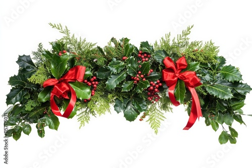 This vibrant image features lush green foliage adorned with bright red ribbons and holly berries, creating a classic holiday decoration that's perfect for the festive season. photo