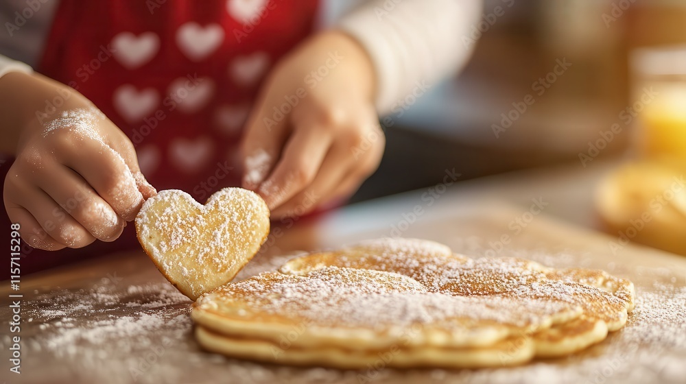 A child making heart-shaped pancakes with their parent in a festive kitchen.