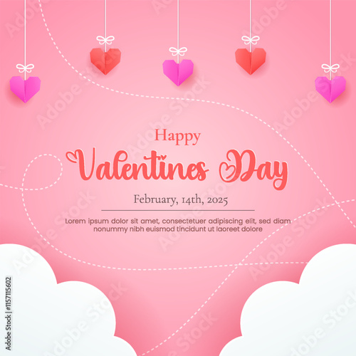 Valentine's Day design featuring paper-cut clouds and love-themed origami decorations.