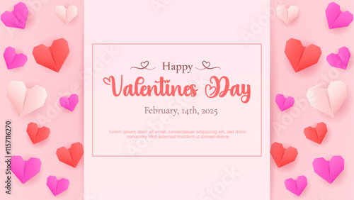 Valentine's Day design featuring paper-cut clouds and love-themed origami decorations.