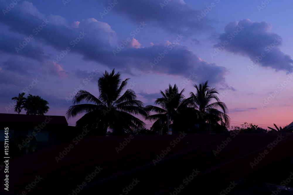 Obraz premium Photograph of the silhouette of a house roof under a sky of orange-red clouds on a winter evening in December.