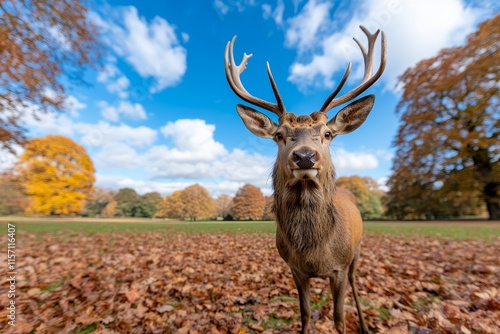 A breathtaking wildlife portrait featuring a regal deer with antlers set against a golden autumn landscape, perfect for seasonal art, nature projects, and rustic decor. photo