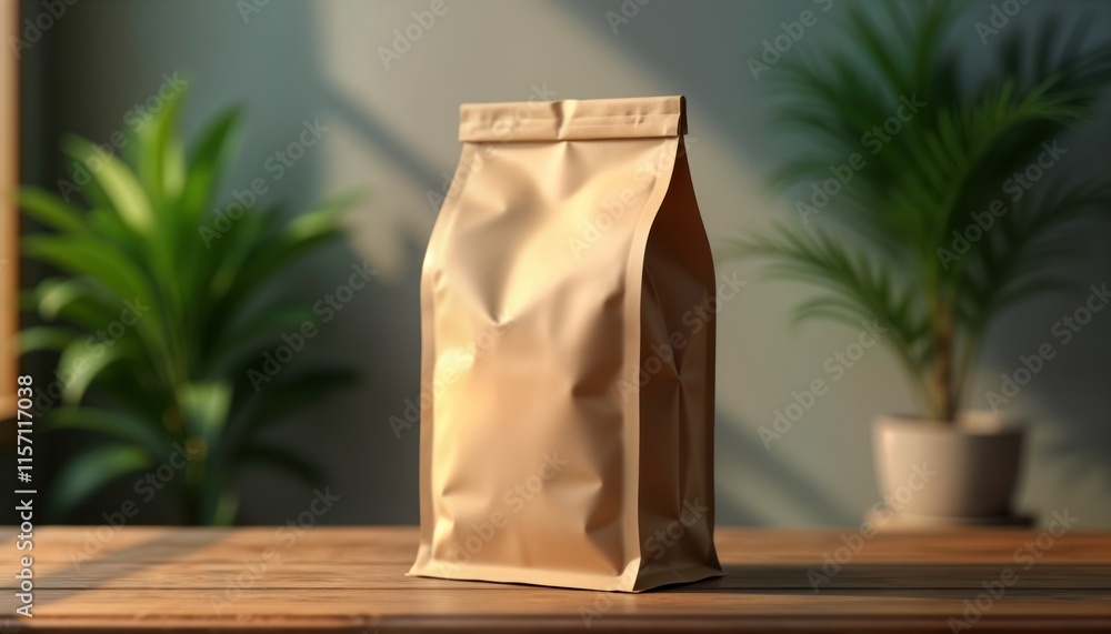 Brown paper coffee bag mockup template shows blank package. Soft lighting emphasizes bag details. Eco-friendly design. Product photography disposable container. Possible use for takeaway coffee. Brown paper coffee bag mockup template shows blank package. Soft lighting emphasizes bag details. Eco-friendly design. Product photography disposable container. Possible use for takeaway coffee.