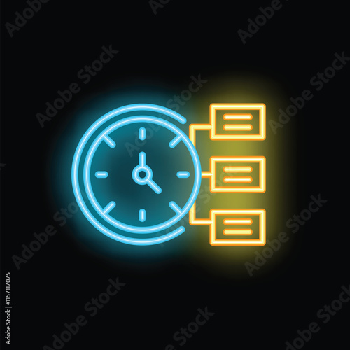 Neon sign illustrating a clock connected to a flow chart, symbolizing effective time management