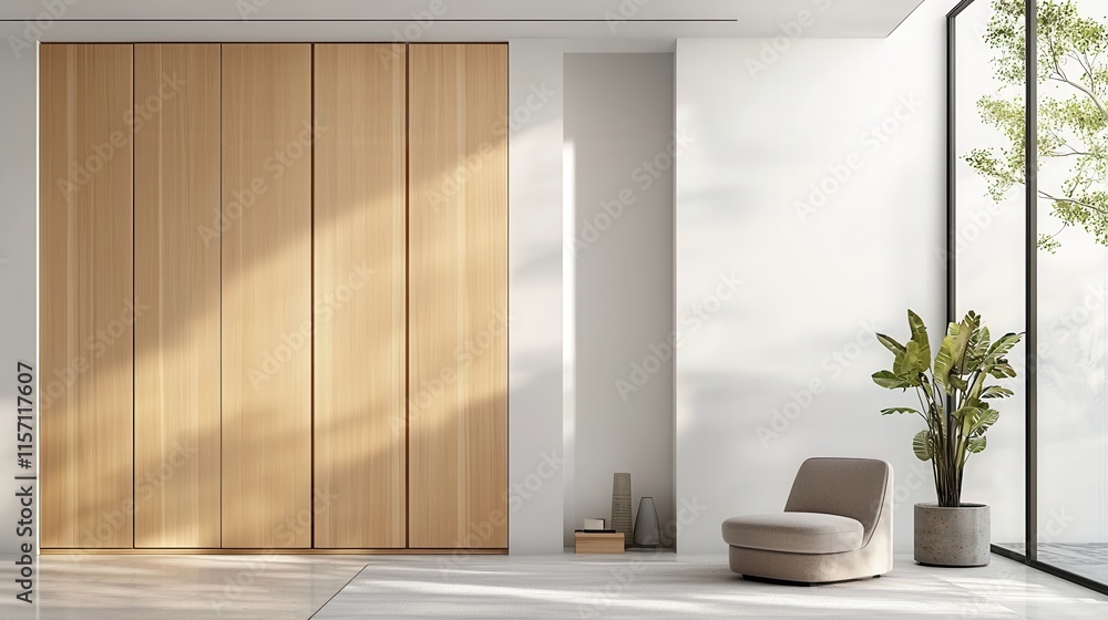 Minimalist beech wood wardrobe design in modern interior space Minimalist beech wood wardrobe design in modern interior space