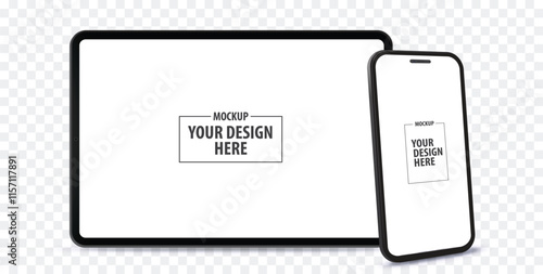 Horizontal Tablet Computer and Vertical Mobile Phone Vector Mockup With Perspective View. Blank screen digital devices isolated on transparent background.