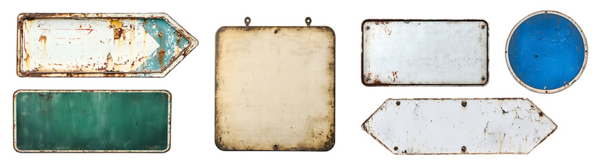 Set collection of rustic worn weathered street sign signage on transparent background cutout PNG file. Many different assorted style. Mockup template for design