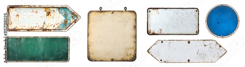 Set collection of rustic worn weathered street sign signage on transparent background cutout PNG file. Many different assorted style. Mockup template for design