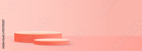 Realistic 3D cylindrical pedestal podium in pastel pink, set against a matching pink backdrop.