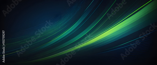 Abstract background featuring dark blue, emerald green, and lime shades merging into a glowing gradient. Stripes of light and metallic neon accents shine through a soft noise mesh, creating a dynamic,