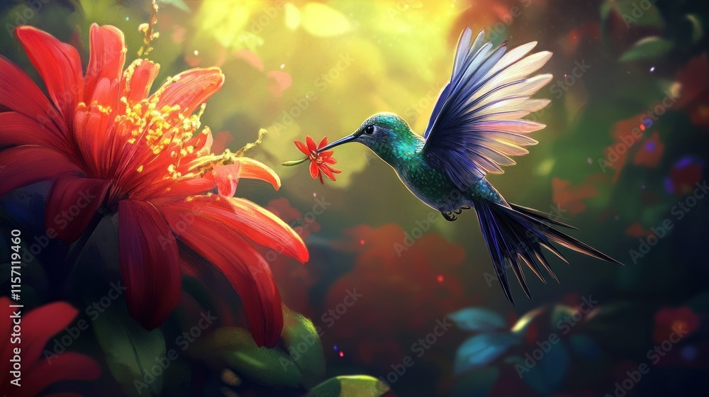 Obraz premium A tiny hummingbird hovering mid-air, its iridescent green and blue feathers catching the sunlight as it sips nectar from a vibrant red flower.
