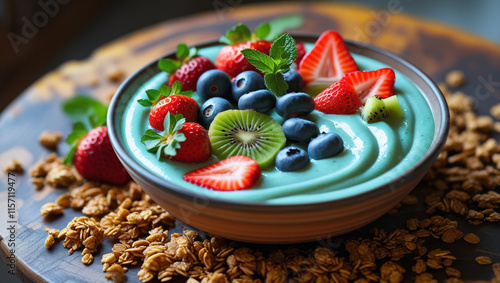 Healthy Breakfast Bowl with Yogurt, Berries, and Granola on Wooden Table photo