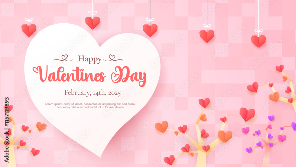 Valentine's Day design featuring paper-cut clouds and love-themed origami decorations. Valentine's Day design featuring paper-cut clouds and love-themed origami decorations.
