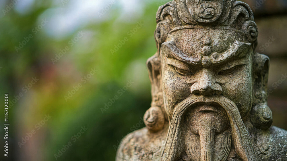 Ancient Stone Statue of Chinese Deity with Weathered Features and Rich Detail Ancient Stone Statue of Chinese Deity with Weathered Features and Rich Detail