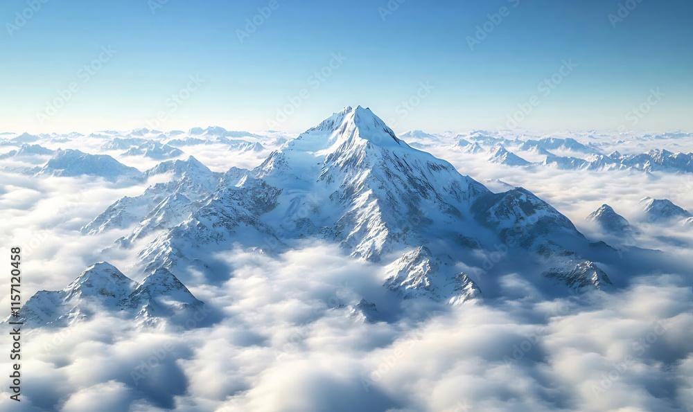 Majestic snow-capped mountain peak rises above a sea of clouds under a clear blue sky. Majestic snow-capped mountain peak rises above a sea of clouds under a clear blue sky.