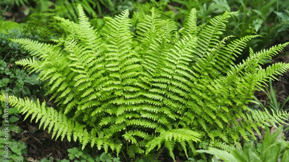 Lush green fern plant in garden setting. Lush green fern plant in garden setting.