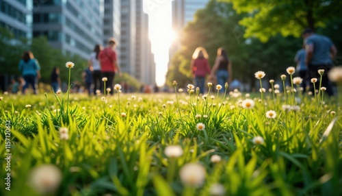 Fototapeta Naklejka Na Ścianę i Meble -  Urban green space flourishes with vibrant wildflowers in city center. People stroll through park in sunny day. Rich green plants offers biodiversity amidst busy city. Eco friendly design solution for