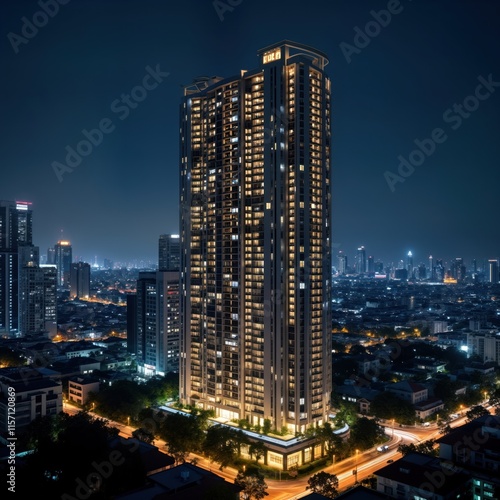 Bangkok city downtown at night. Modern high-rise condominium complex stands out. Residential, commercial buildings illuminated. Street lights show dynamic city life. Urban landscape with traffic. photo