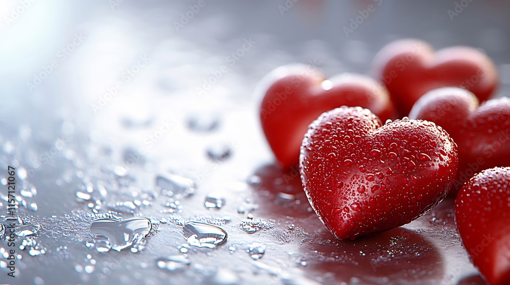 Close-up of several red hearts with water droplets on a reflective surface. Close-up of several red hearts with water droplets on a reflective surface.