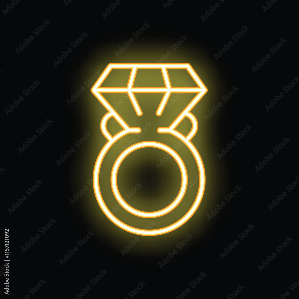 Yellow neon sign of a big diamond ring shining on a black background Yellow neon sign of a big diamond ring shining on a black background