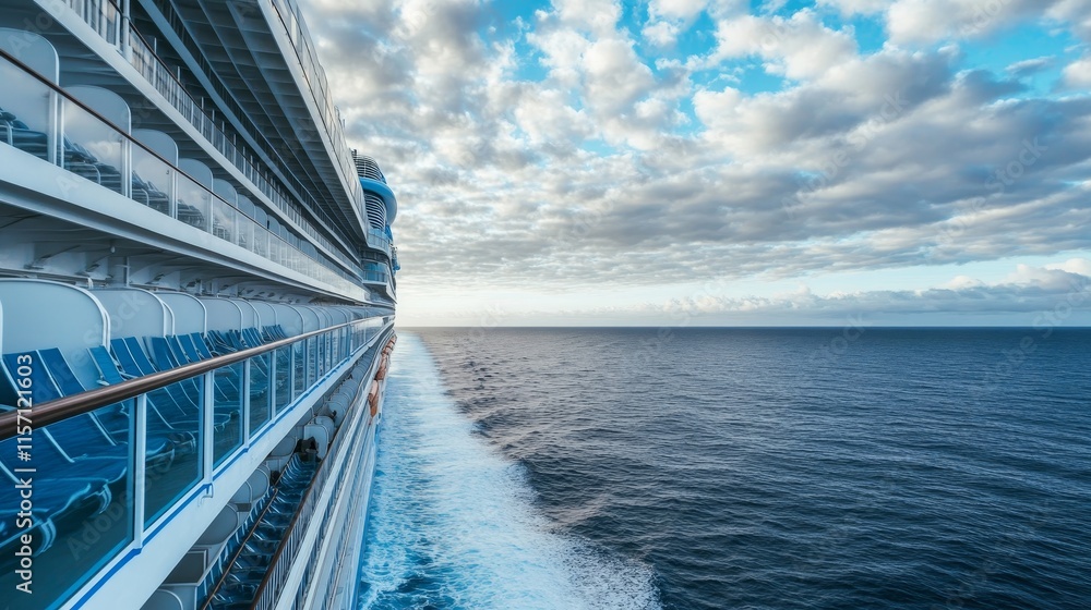 Fototapeta premium Breathtaking view from a Caribbean cruise ship balcony at sunrise, showcasing the ship's wake under a vibrant cloudscape sky, symbolizing relaxation, exploration, and nautical luxury