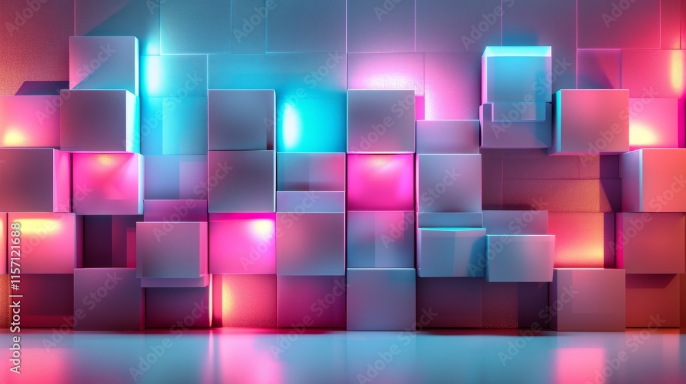 A vibrant arrangement of illuminated cubes in pink and blue tones. A vibrant arrangement of illuminated cubes in pink and blue tones.