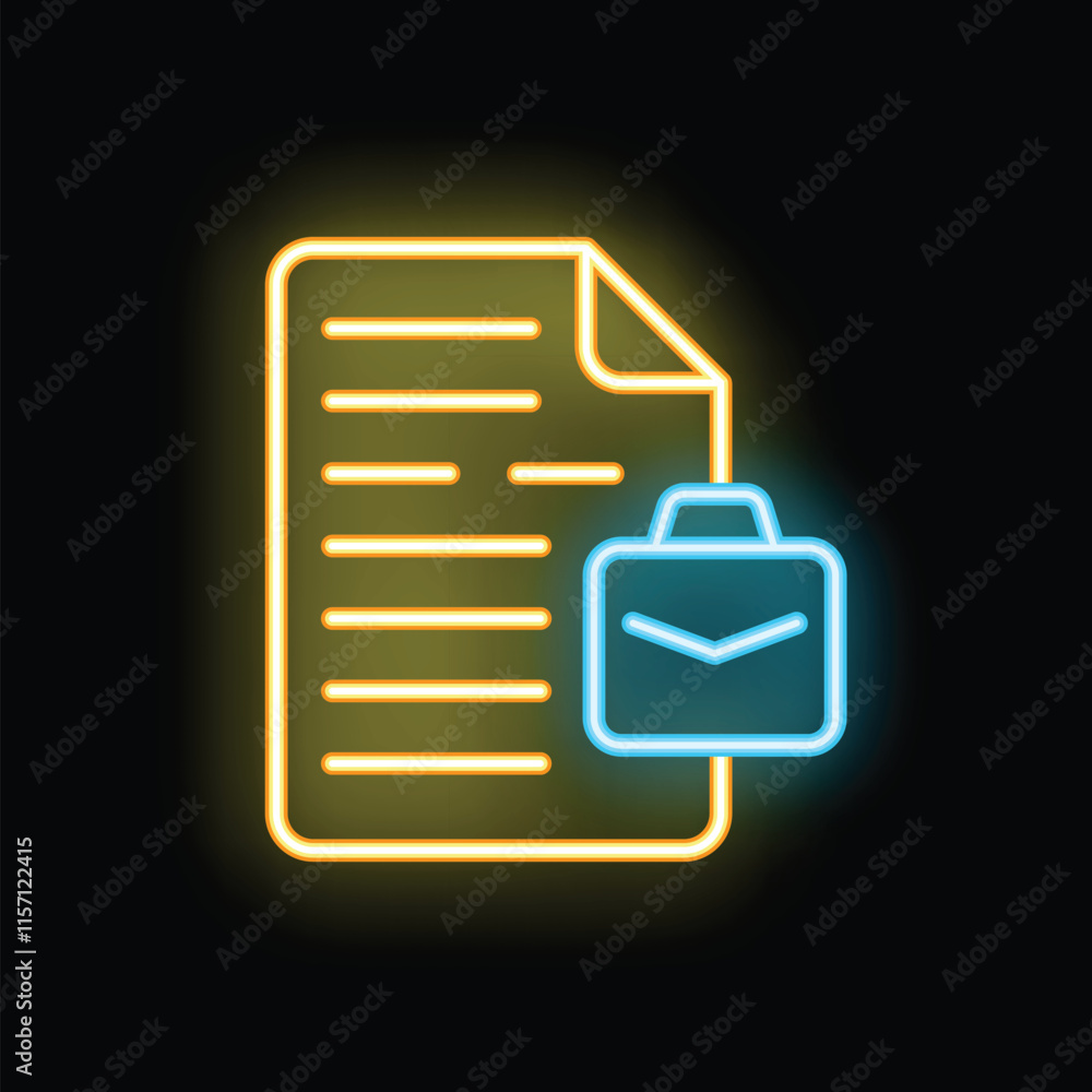 Fototapeta premium Neon icon of a document with a business briefcase, perfect for representing business documents