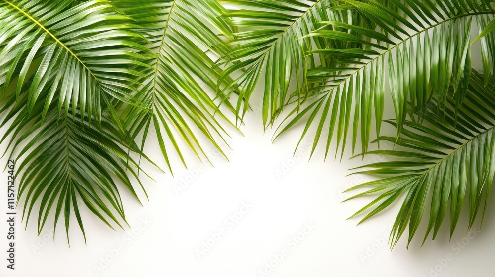Fototapeta premium Lush green palm fronds frame white background.