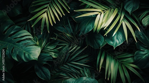 Lush tropical foliage background, dark green leaves.