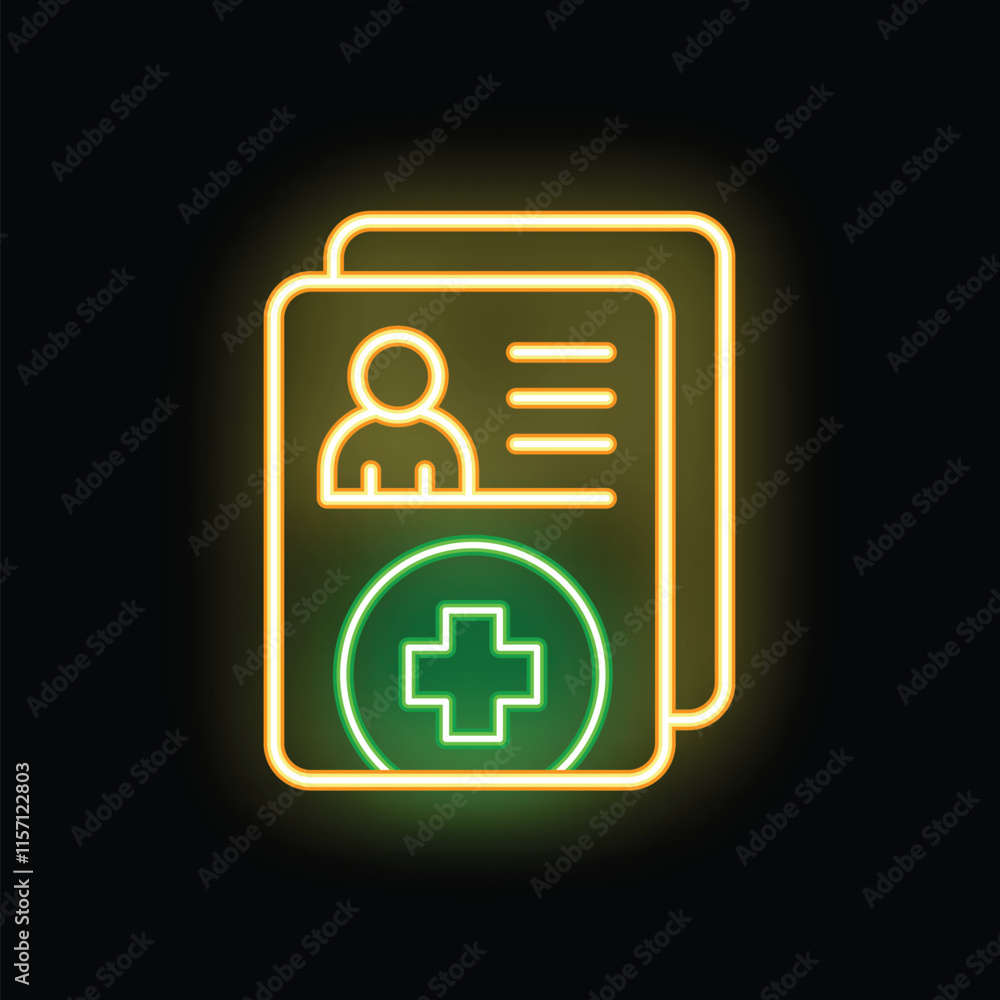 Neon glowing icon of medical record with patient profile and cross symbol, representing healthcare information and electronic health records Neon glowing icon of medical record with patient profile and cross symbol, representing healthcare information and electronic health records