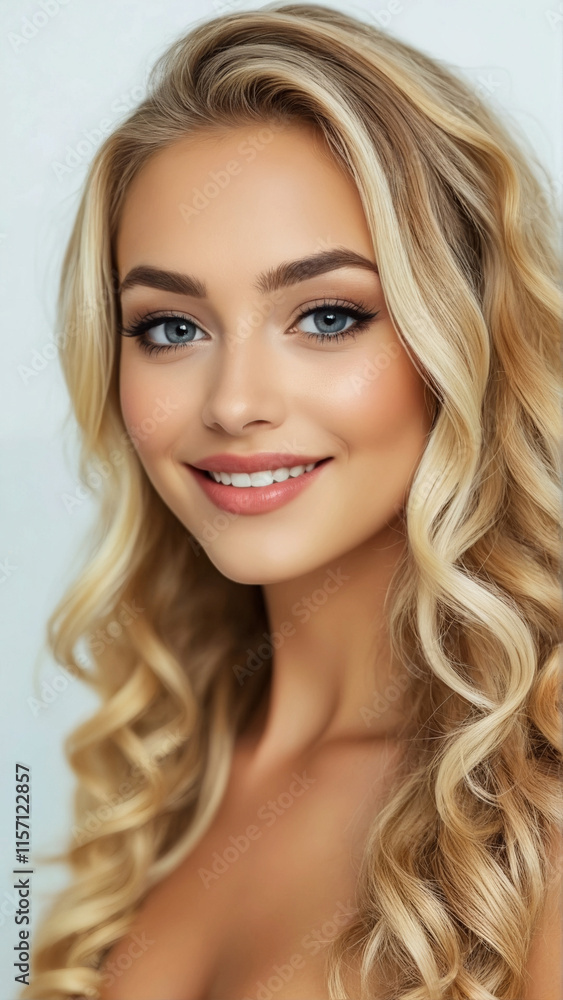 Fototapeta premium AI-generated woman portrait blonde supermodel with long curly hair smiles for the camera.