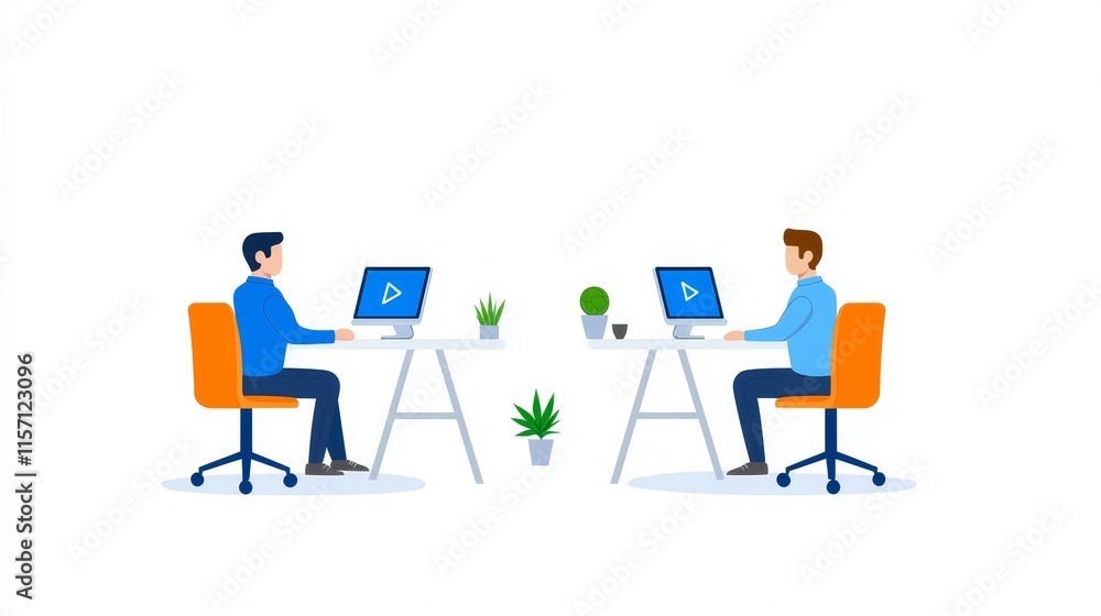 A professional office worker sits at a desk, video conferencing with a coworker. A professional office worker sits at a desk, video conferencing with a coworker.