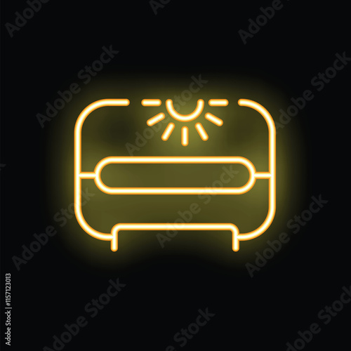 Neon sign of sun shining over bed symbolizing good morning and rest