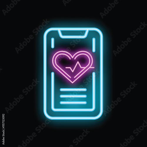 Neon smartphone displaying a heartbeat inside a pink heart, symbolizing health monitoring apps