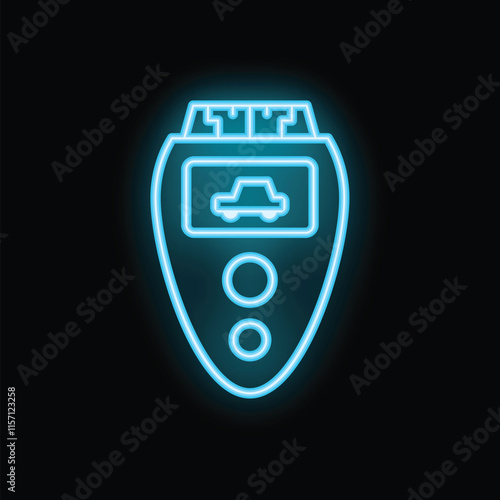 Glowing neon line car key with remote control icon isolated on black background vector illustration