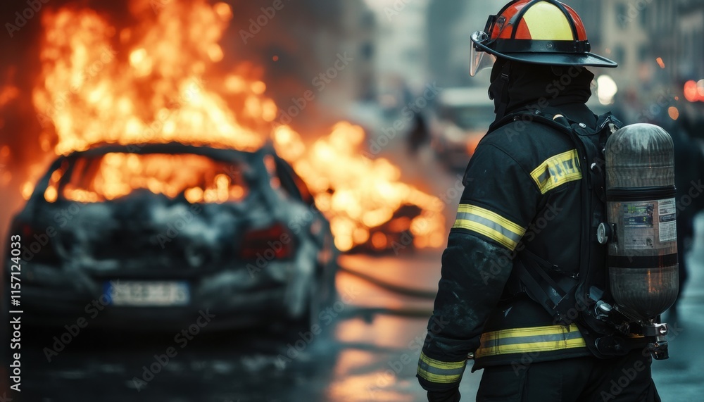 Firefighter battling intense flames from a burning car Firefighter battling intense flames from a burning car
