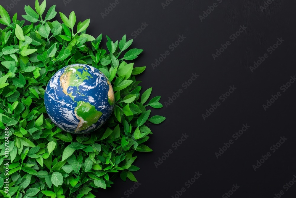 Abstract digital art depicting a sustainable future for Earth, featuring a globe covered in greenery from an overhead perspective, representing an eco-friendly vision. Abstract digital art depicting a sustainable future for Earth, featuring a globe covered in greenery from an overhead perspective, representing an eco-friendly vision.