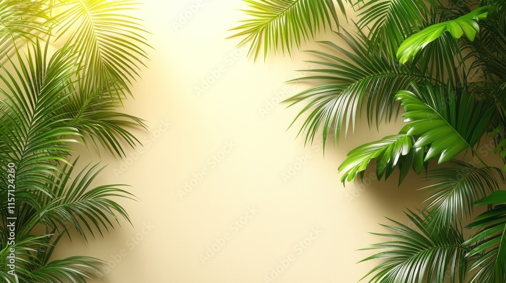 Naklejka premium Lush green palm leaves frame a beige background.