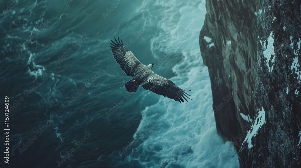 Fototapeta premium Majestic eagle soaring over dramatic ocean waves near a cliff.