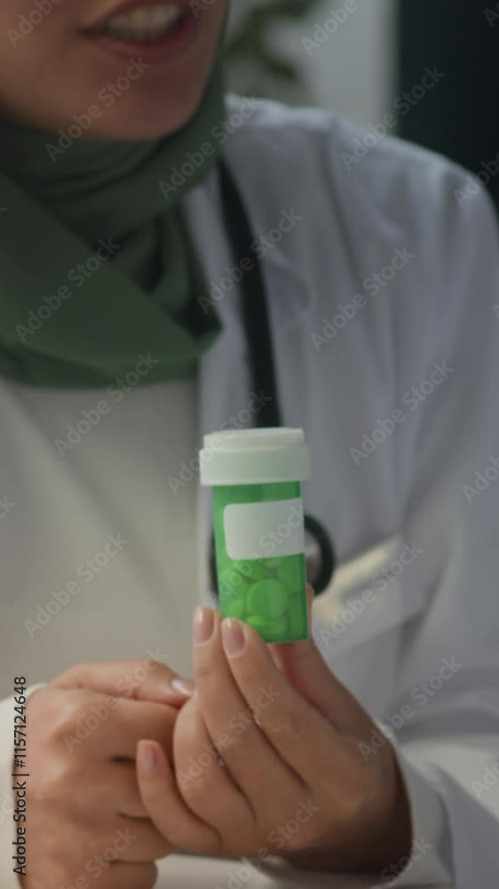 Vertical cropped shot of young female doctor in green headscarf and workwear with stethoscope on shoulders prescribing pills in green bottle explaining rules of taking medicine Vertical cropped shot of young female doctor in green headscarf and workwear with stethoscope on shoulders prescribing pills in green bottle explaining rules of taking medicine
