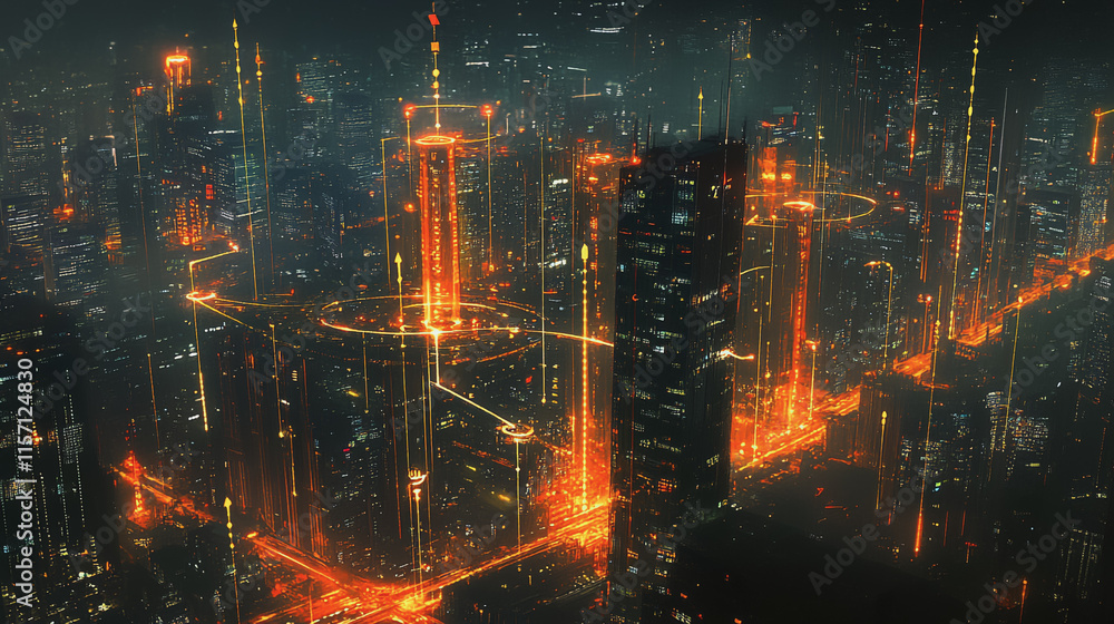 Fototapeta premium Smart digital Innovation city with connection network reciprocity over the cityscape. of future smart wireless digital city and social media networking systems that connects people with in city