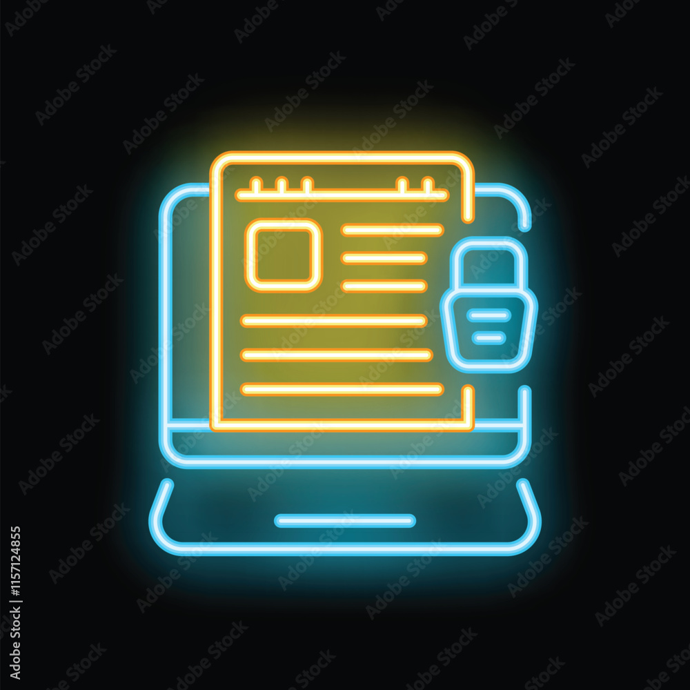 Neon icon showing a document being secured on a laptop, symbolizing online security measures Neon icon showing a document being secured on a laptop, symbolizing online security measures