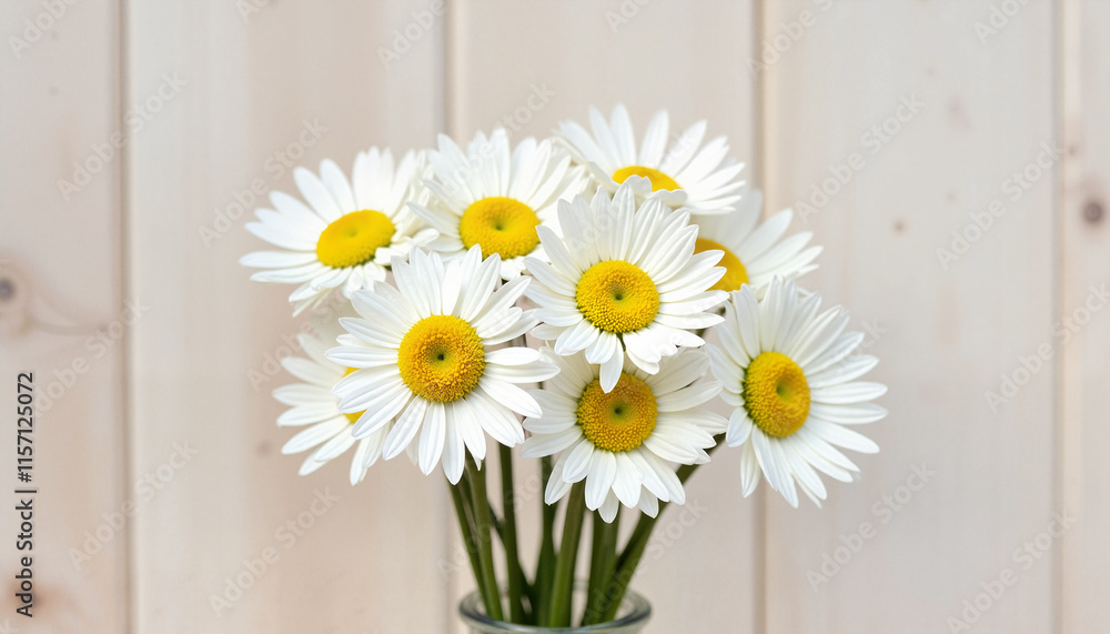 Obraz premium Bouquet of fresh daisies in a glass vase against a light wooden background, creating a cheerful ambiance