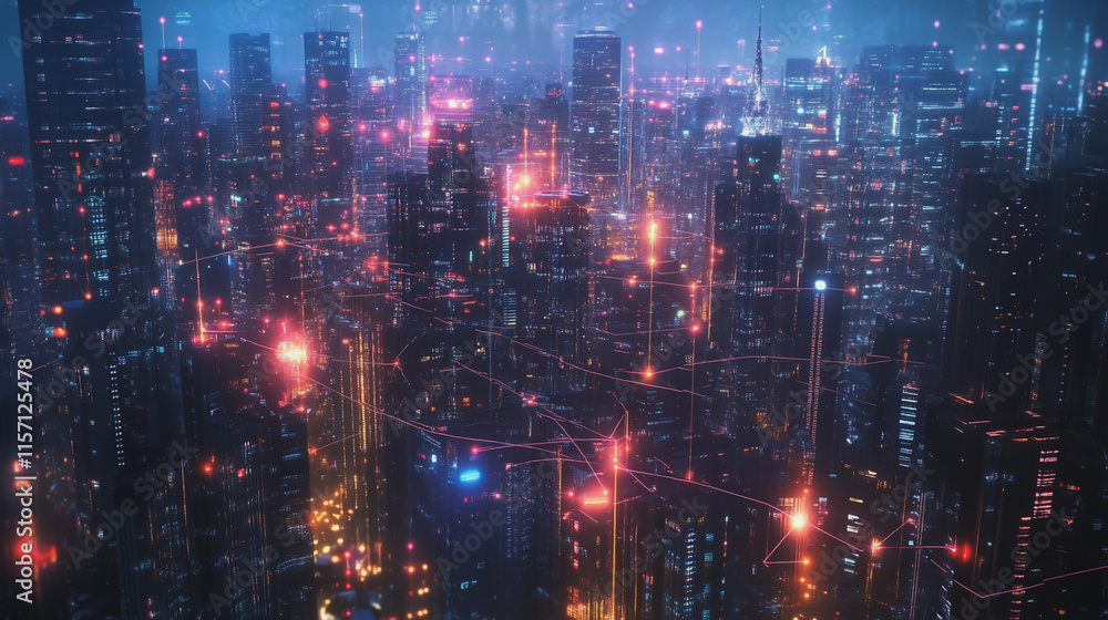 Smart digital Innovation city with connection network reciprocity over the cityscape. of future smart wireless digital city and social media networking systems that connects people with in city Smart digital Innovation city with connection network reciprocity over the cityscape. of future smart wireless digital city and social media networking systems that connects people with in city