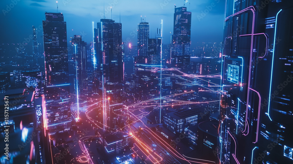 Fototapeta premium Smart digital Innovation city with connection network reciprocity over the cityscape. of future smart wireless digital city and social media networking systems that connects people with in city