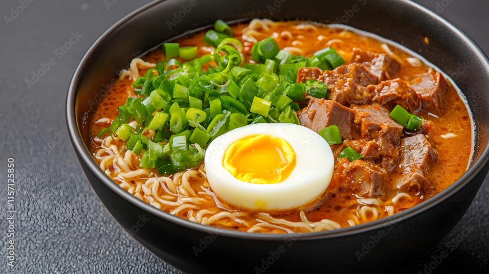 Delicious Bowl of Noodle Soup with Egg and Green Onions Delicious Bowl of Noodle Soup with Egg and Green Onions