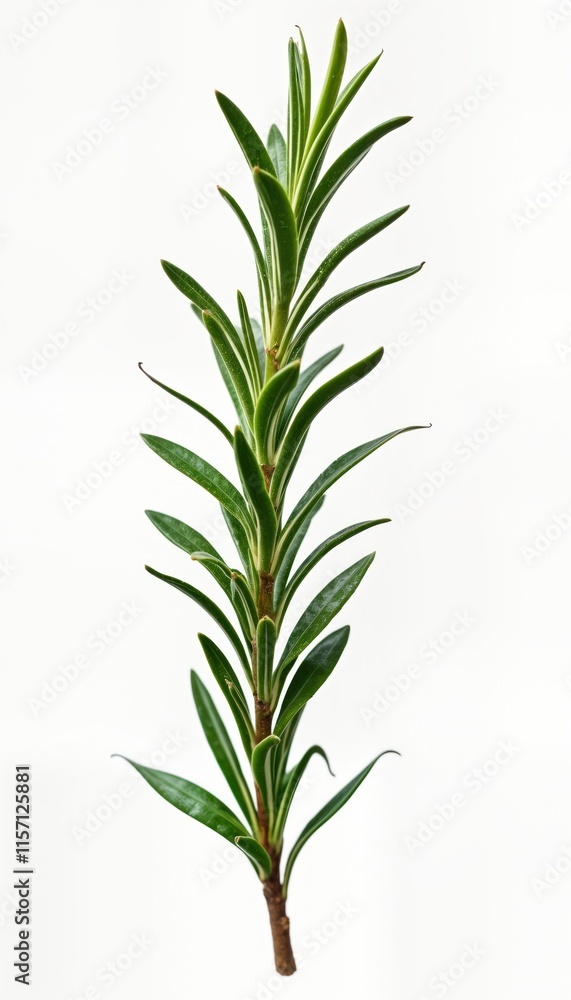 Fototapeta premium Closeup view of fresh rosemary sprig. Isolated on pure white background. Healthy, vibrant green plant. Ideal for food ingredient culinary use. Natural herb, aromatic, organic. Excellent for healthy
