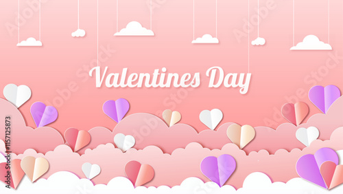 Valentine's Day design featuring paper-cut clouds and love-themed decorations.