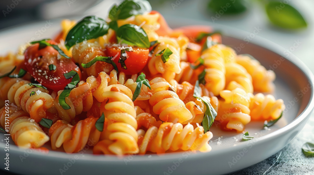 Fusilli pasta with tomato sauce and basil on a white plate. Fusilli pasta with tomato sauce and basil on a white plate.